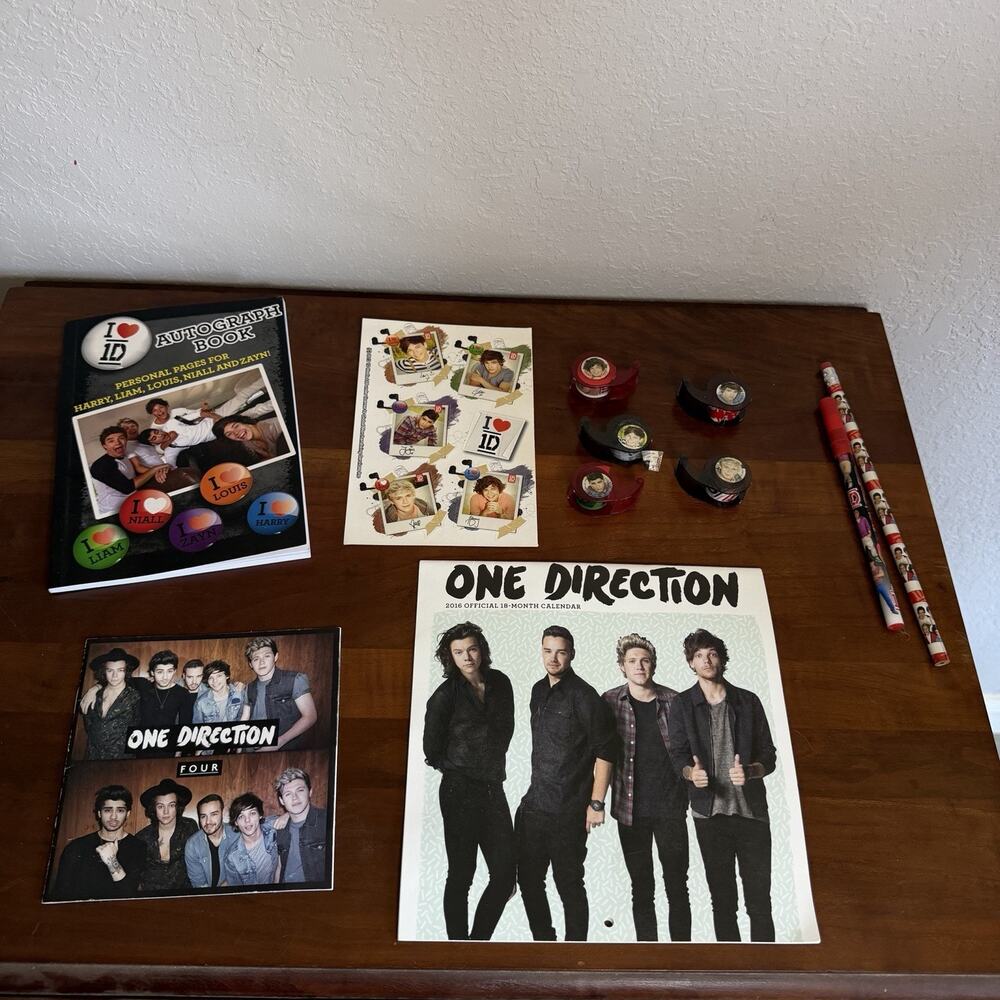 One Direction Mixed Lot Bundle Autograph Book Calendar, Tape Dispenser, Stickers